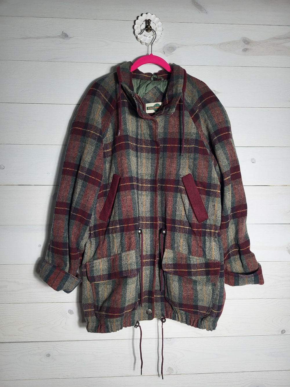 Vintage OutBrook Coat Plaid Wool-Blend Burgundy Hunter Green 90's Y2K.